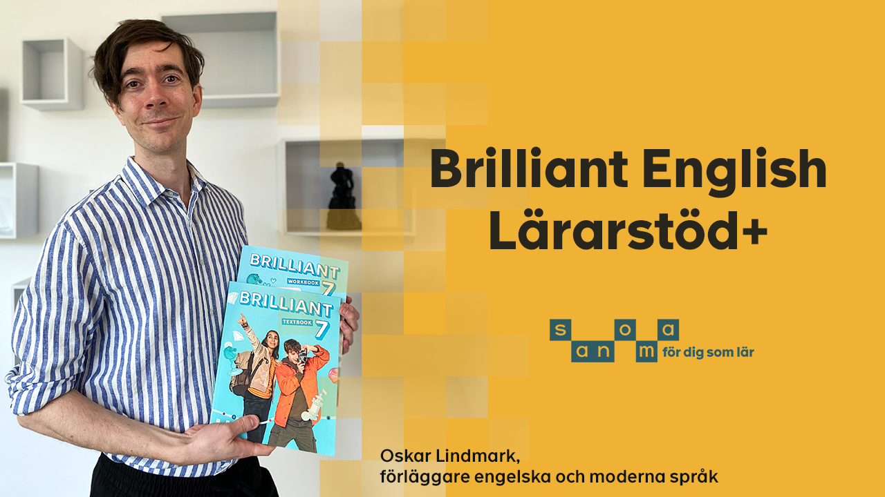 Header med bild på Oskar Lindmark, håller i boken Brilliant English